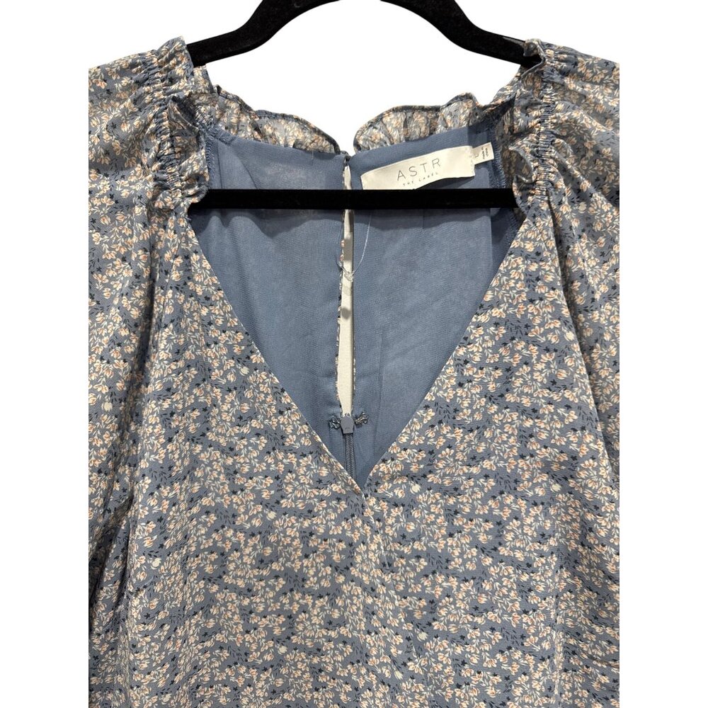 ASTR The Label Blue Floral Long Sleeve Ruffled Mini Dress Women's LARGE - Picture 5 of 11